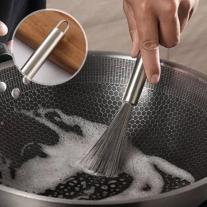 Stainless Steel Kitchen Cleaning Brush with Long Handle - Anti-Rust Utensil Scrubber and Pot Tool