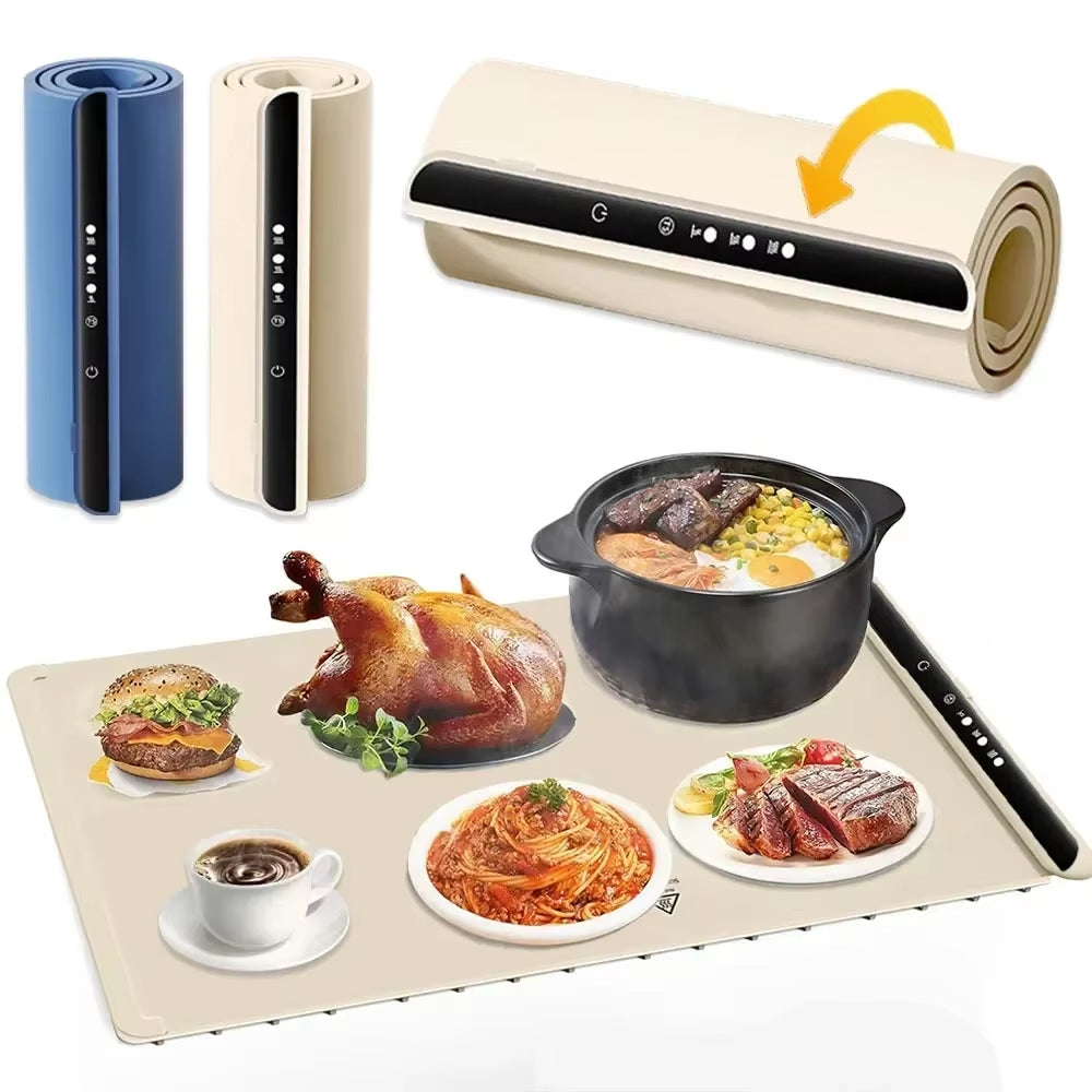Electric Foldable Food Warmer Tray - Portable Silicone Warming Mat for Food Serving