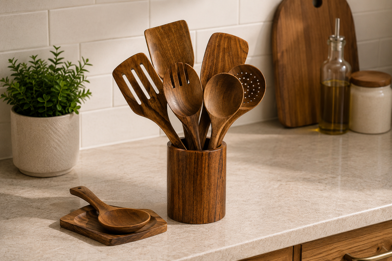 9-Piece Teak Wooden Cooking Utensils Set with Holder
