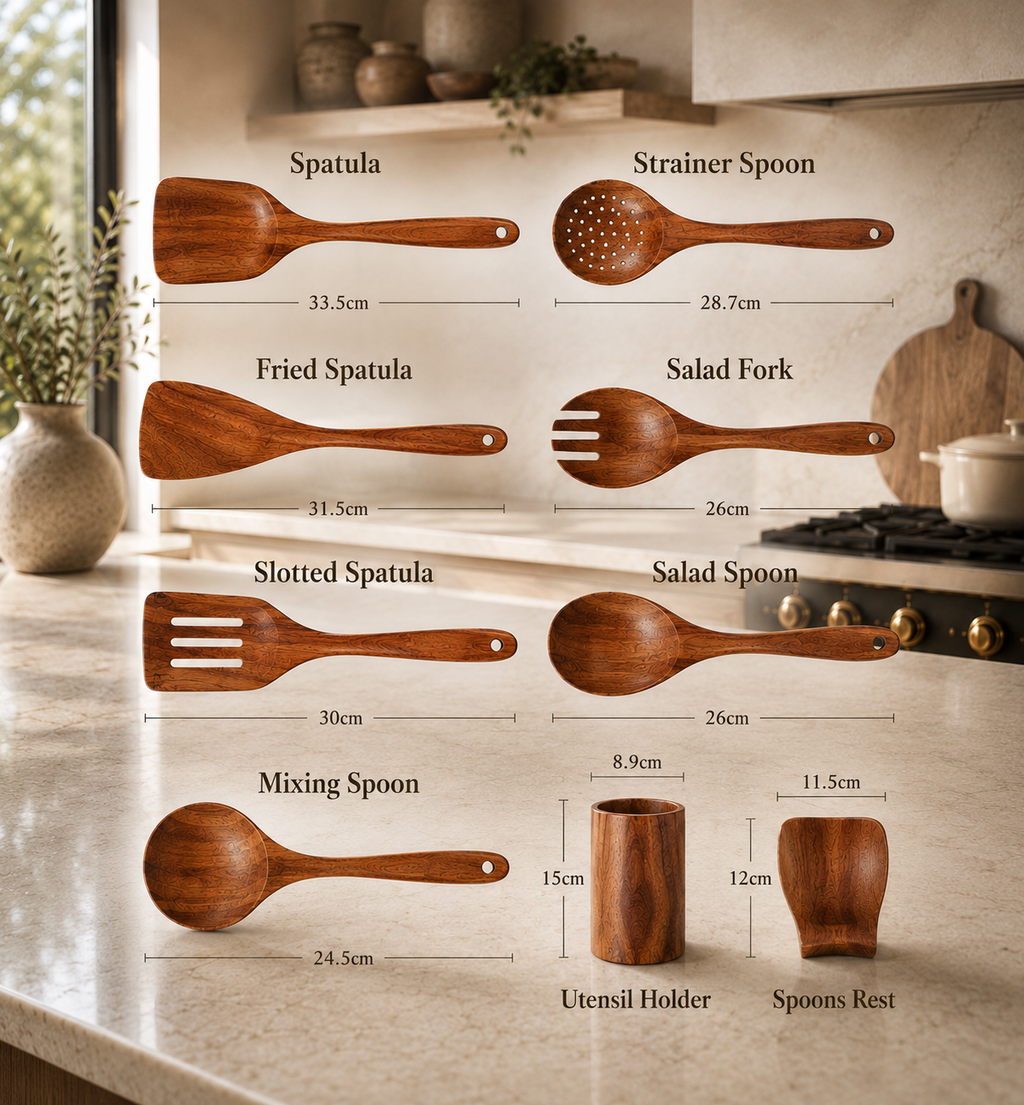 9-Piece Teak Wooden Cooking Utensils Set with Holder