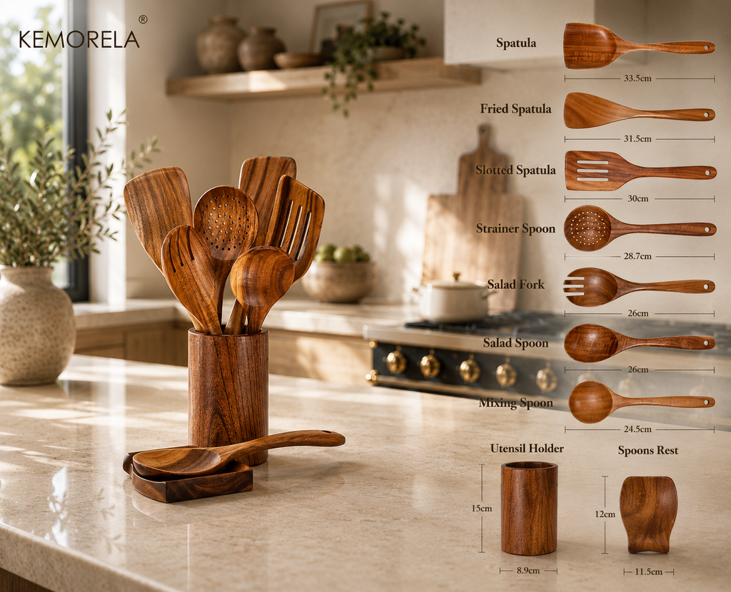 9-Piece Teak Wooden Cooking Utensils Set with Holder