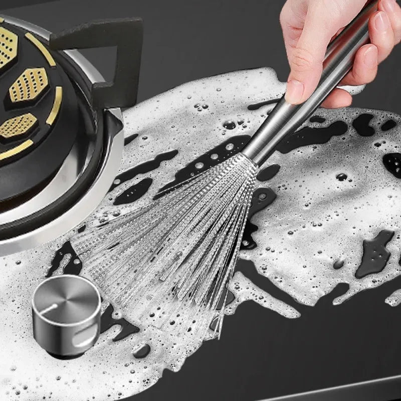 Stainless Steel Kitchen Cleaning Brush with Long Handle - Anti-Rust Utensil Scrubber and Pot Tool